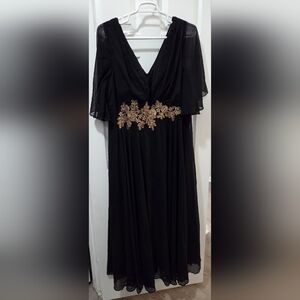 Black Floor Length Dress with Gold Floral Waist Embellishment